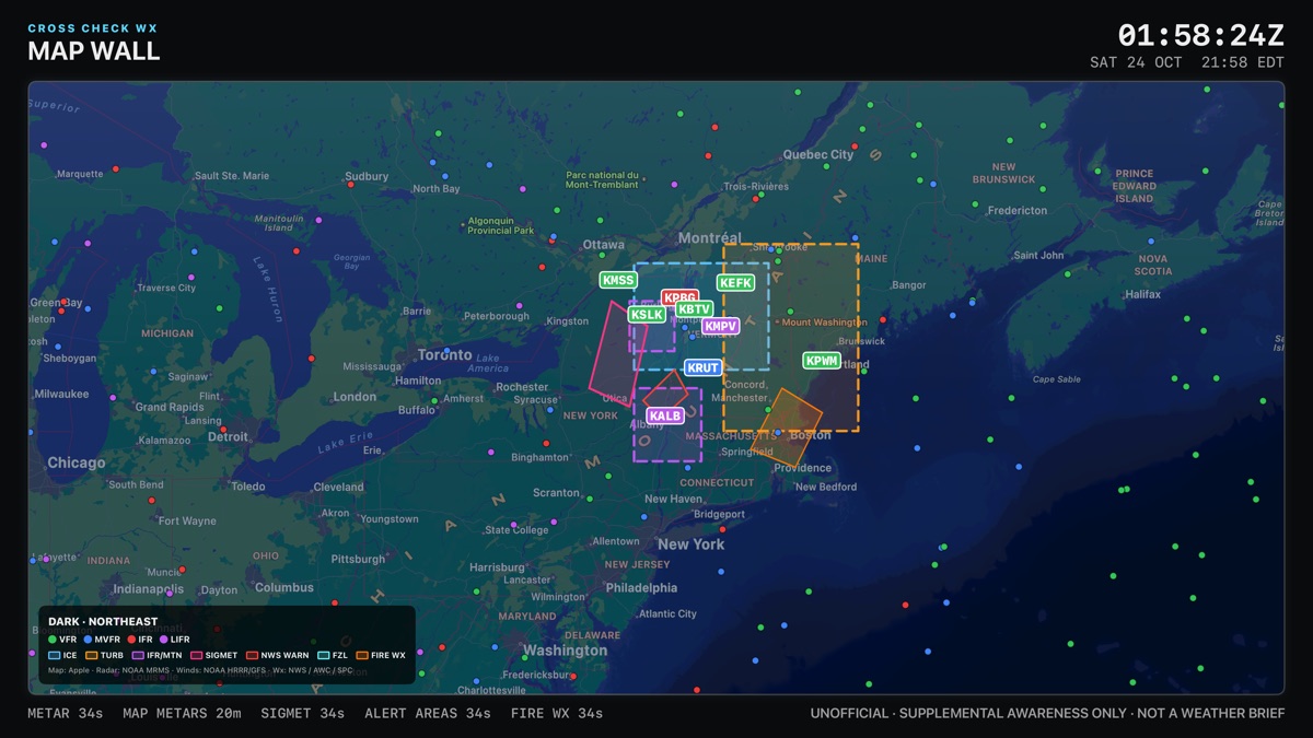 Cross Check WX map wall showing radar, airspace and weather alert areas over the northeastern United States.